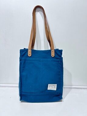 FEED Canvas Tote Bag in Teal with Tan Straps